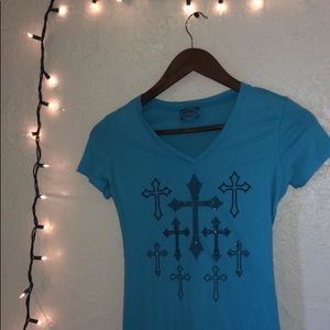 religious short sleeve blue shirt